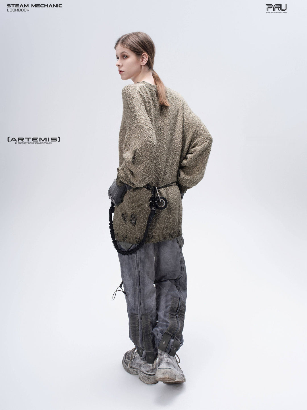 ARTEMIS distressed reversible knit sweater, mercury brown, full three-quarter rear view
