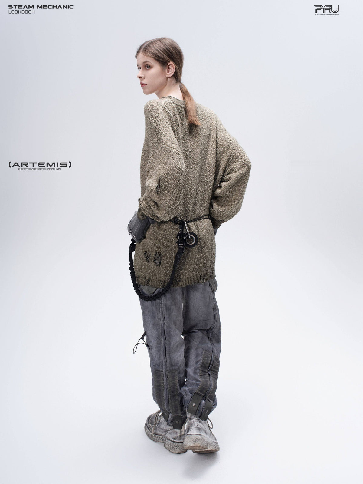 ARTEMIS distressed reversible knit sweater, mercury brown, full three-quarter rear view