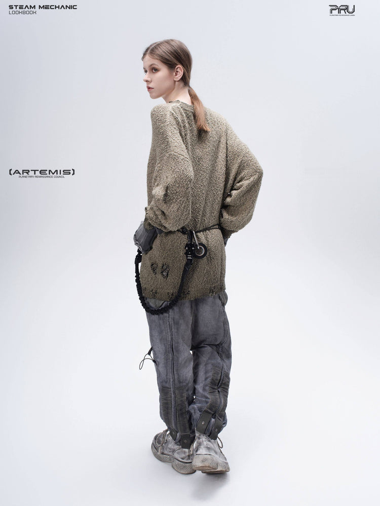 ARTEMIS distressed reversible knit sweater, mercury brown, full three-quarter rear view