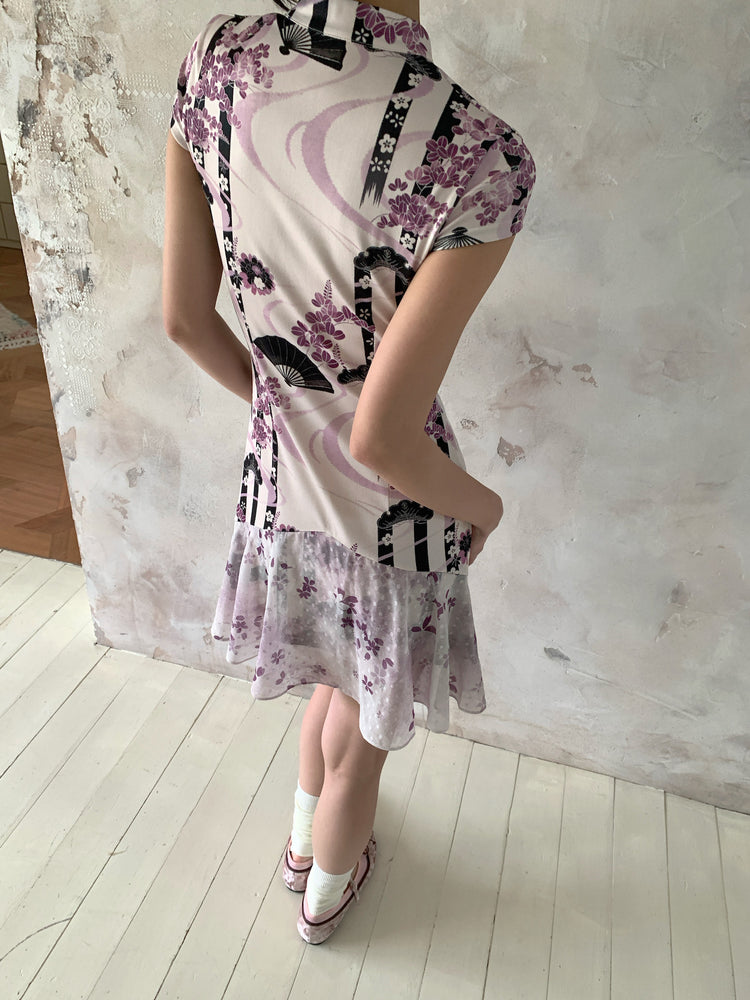4RE1GN PURPLE MOOD mandarin-collar dress in multicolor — back modeled view