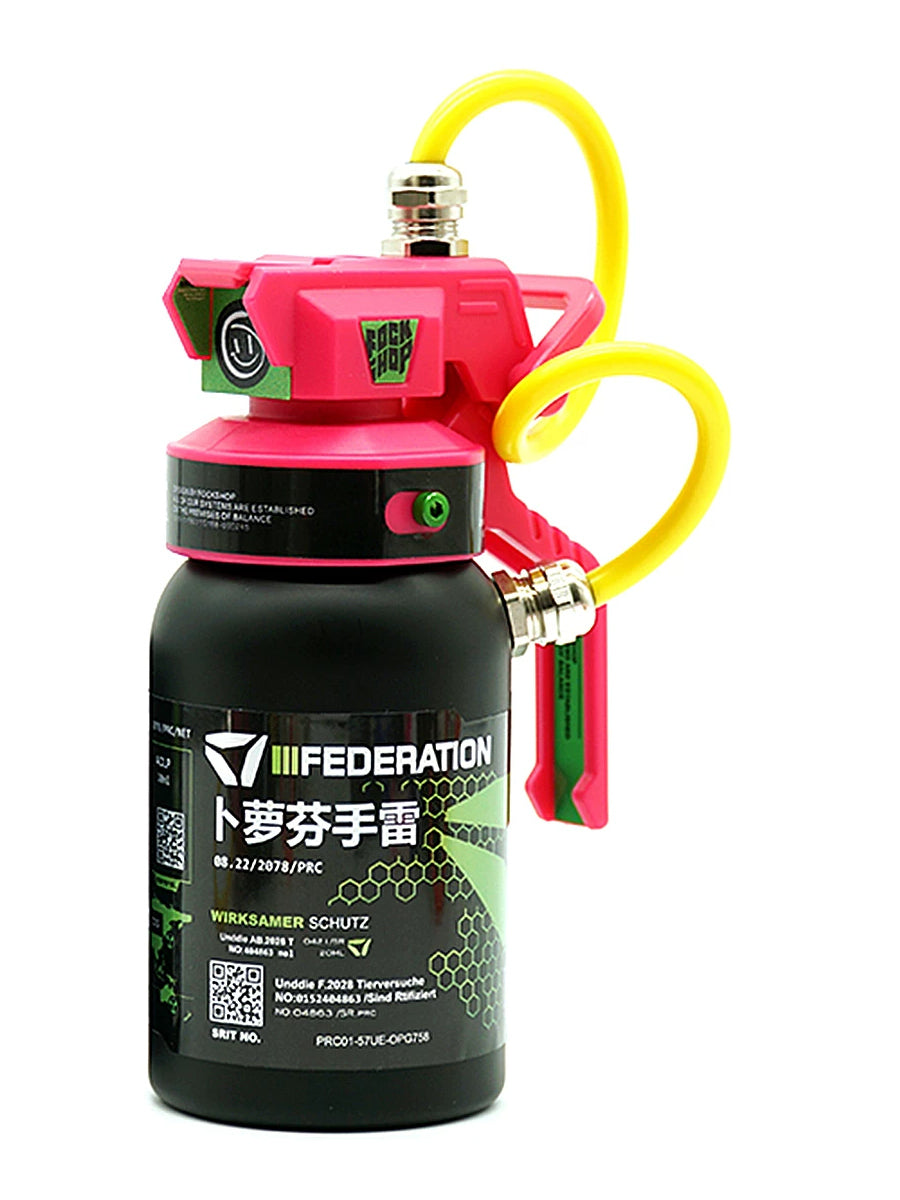 FOCKSHOP IBUPROFEN illuminated canister prop — pink-cap kit canister with yellow hose on white