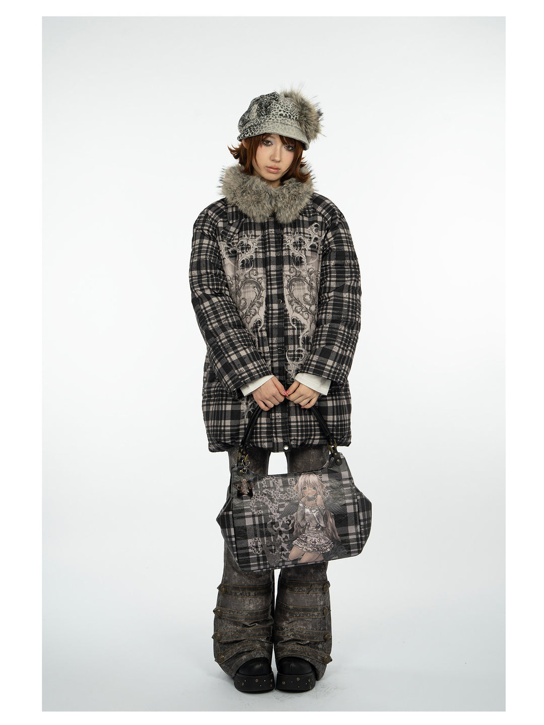 4RE1GN BEARHEART plaid long down coat in brown multicolor — front modeled view carrying a printed bag