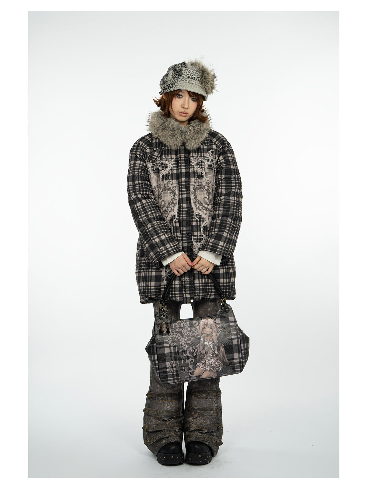 4RE1GN BEARHEART plaid long down coat in brown multicolor — front modeled view carrying a printed bag