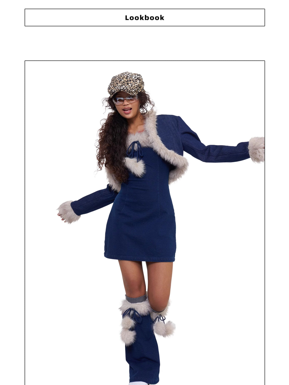 NEXT PASSPORT denim faux-fur cardigan complete set flat-lay.