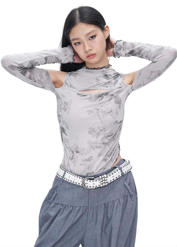NEXT PASSPORT gray ink-print asymmetric off-shoulder top