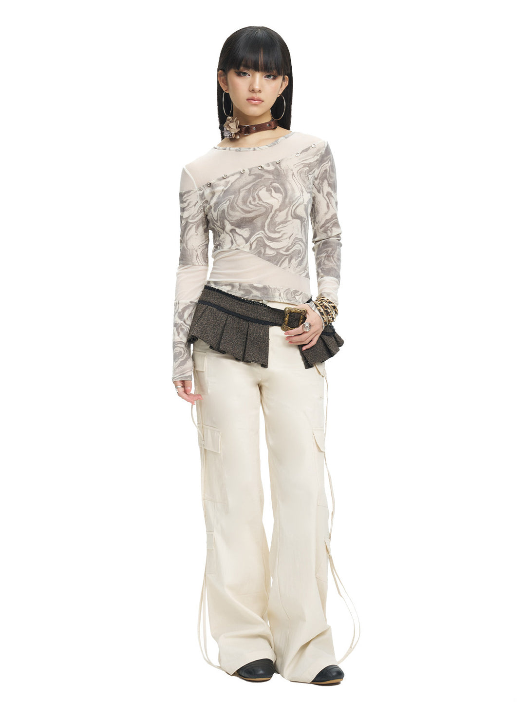 NEXT PASSPORT white drawstring multi-pocket cargo pants in white — straight-on full-length studio view.