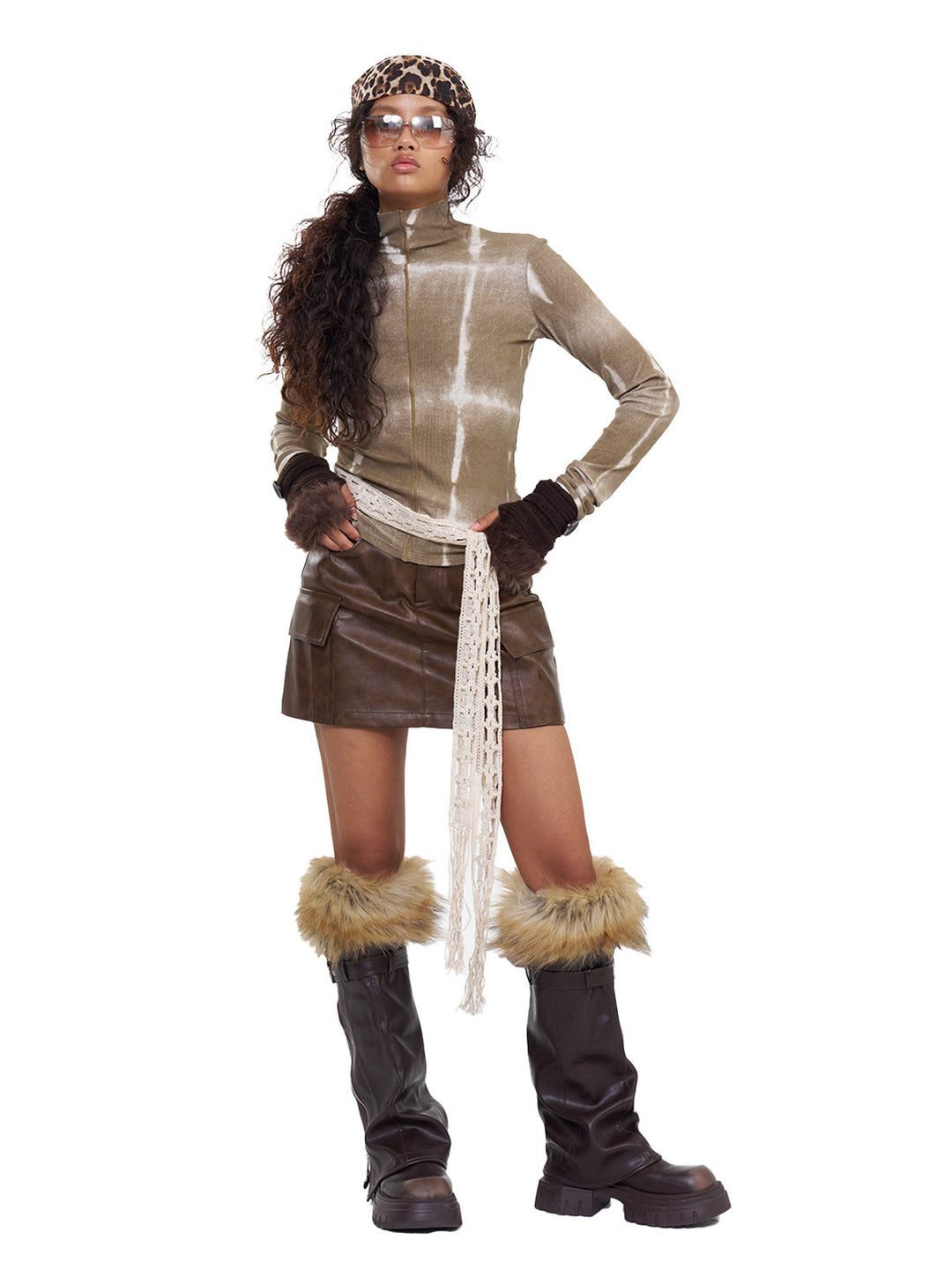 NEXT PASSPORT brown fitted mock-neck long-sleeve tee front studio pose.
