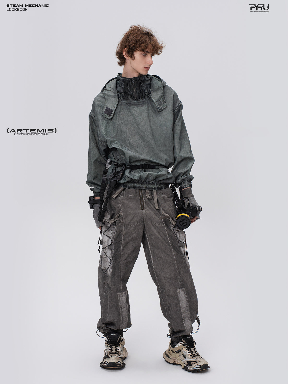 STEAM FUNCTION PIONEER moon-blue mesh hoodie, full-body front pose with the model looking left