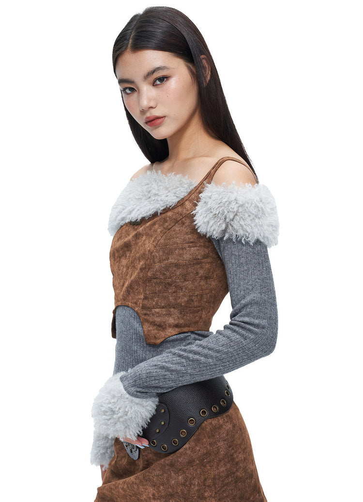 NEXT PASSPORT wasteland-brown shark-pleat vest and mini skirt — skirt front detail