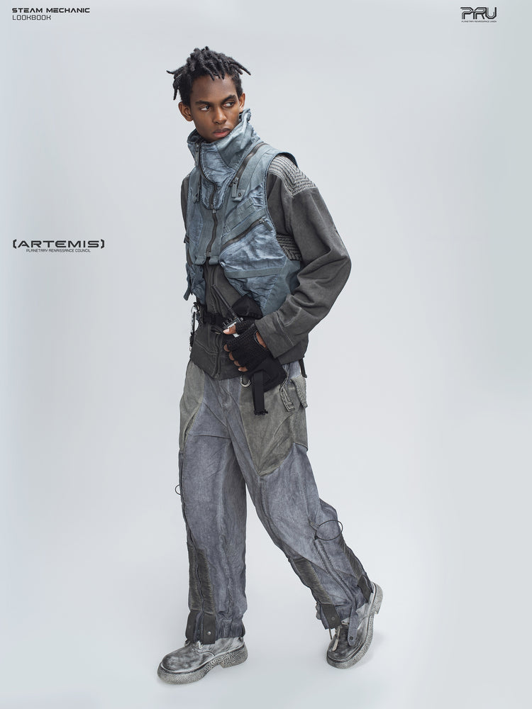 FISSION modular vest in star blue, full-body side pose showing the cropped silhouette