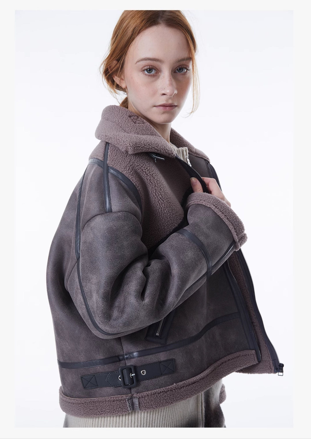 ERRORCODE ROBOT gray-purple paneled faux-shearling jacket, side modeled view with open collar