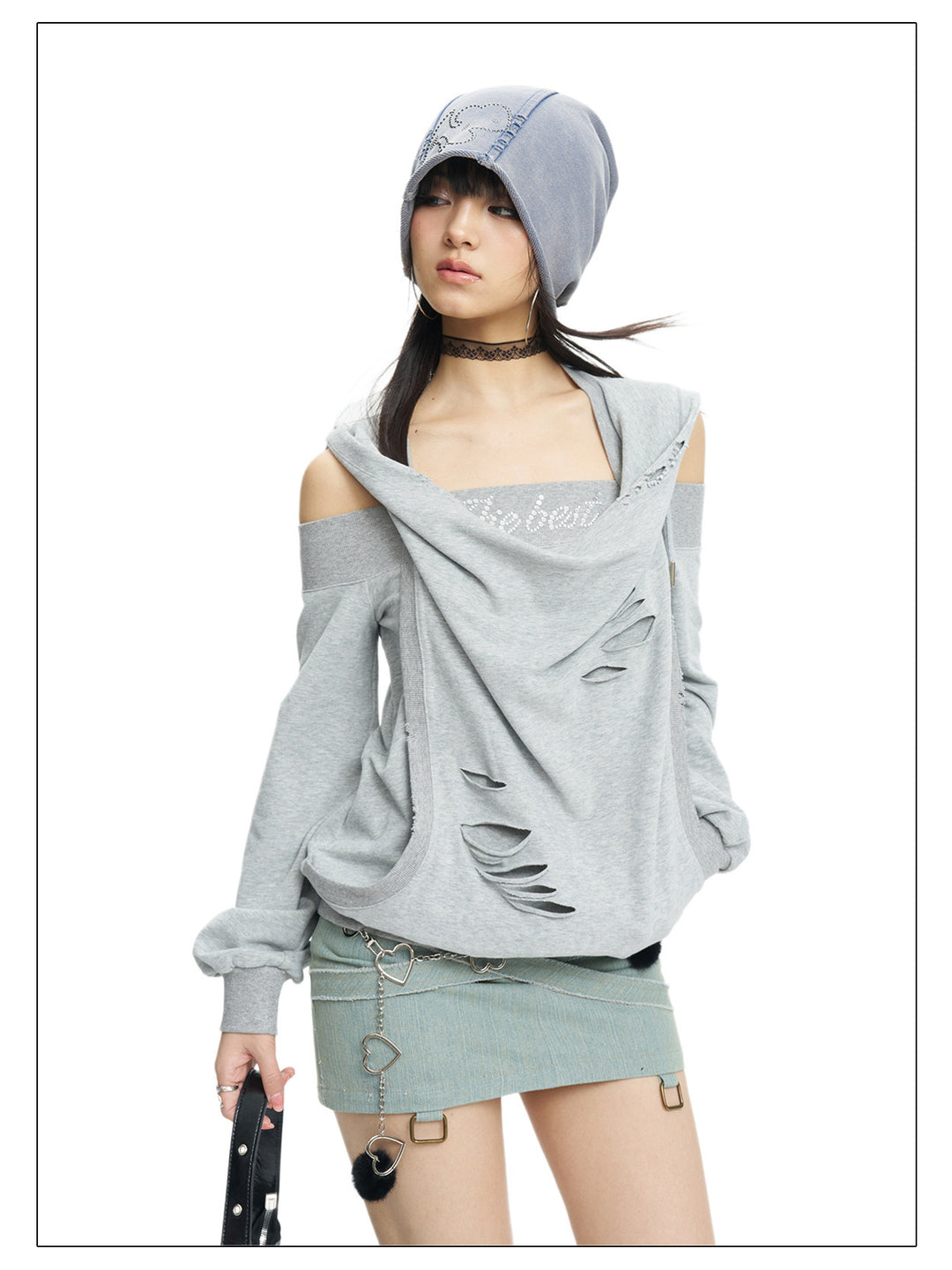 Three-quarter white-background view of the gray rhinestone hoodie