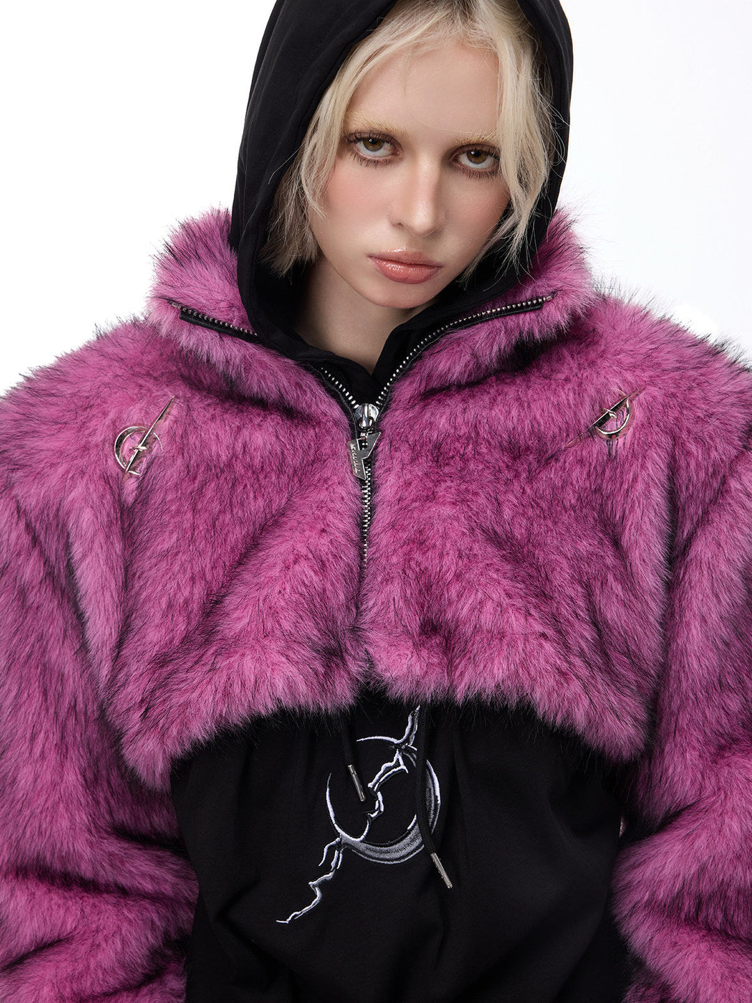 PINKSPINK ELECTRIC MOON gradient faux-fur cropped jacket — close modeled view layered over a black hood
