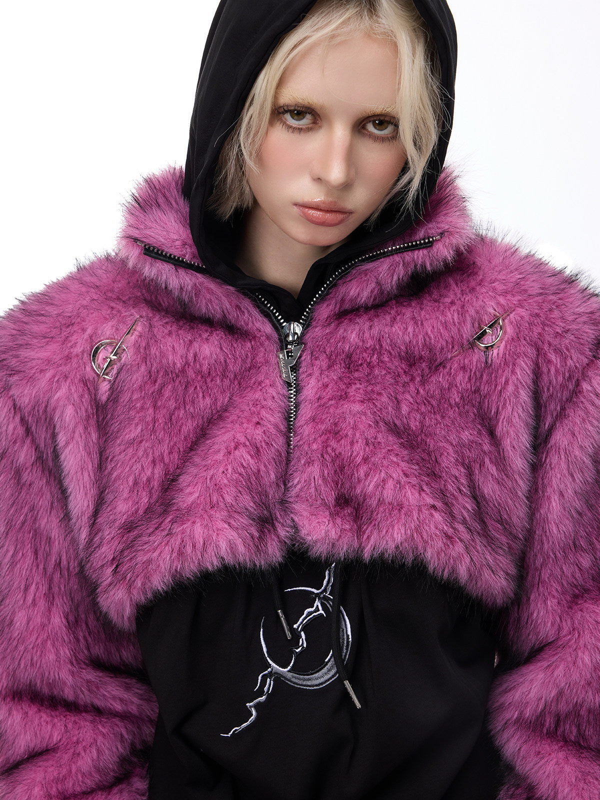 PINKSPINK ELECTRIC MOON gradient faux-fur cropped jacket — close modeled view layered over a black hood