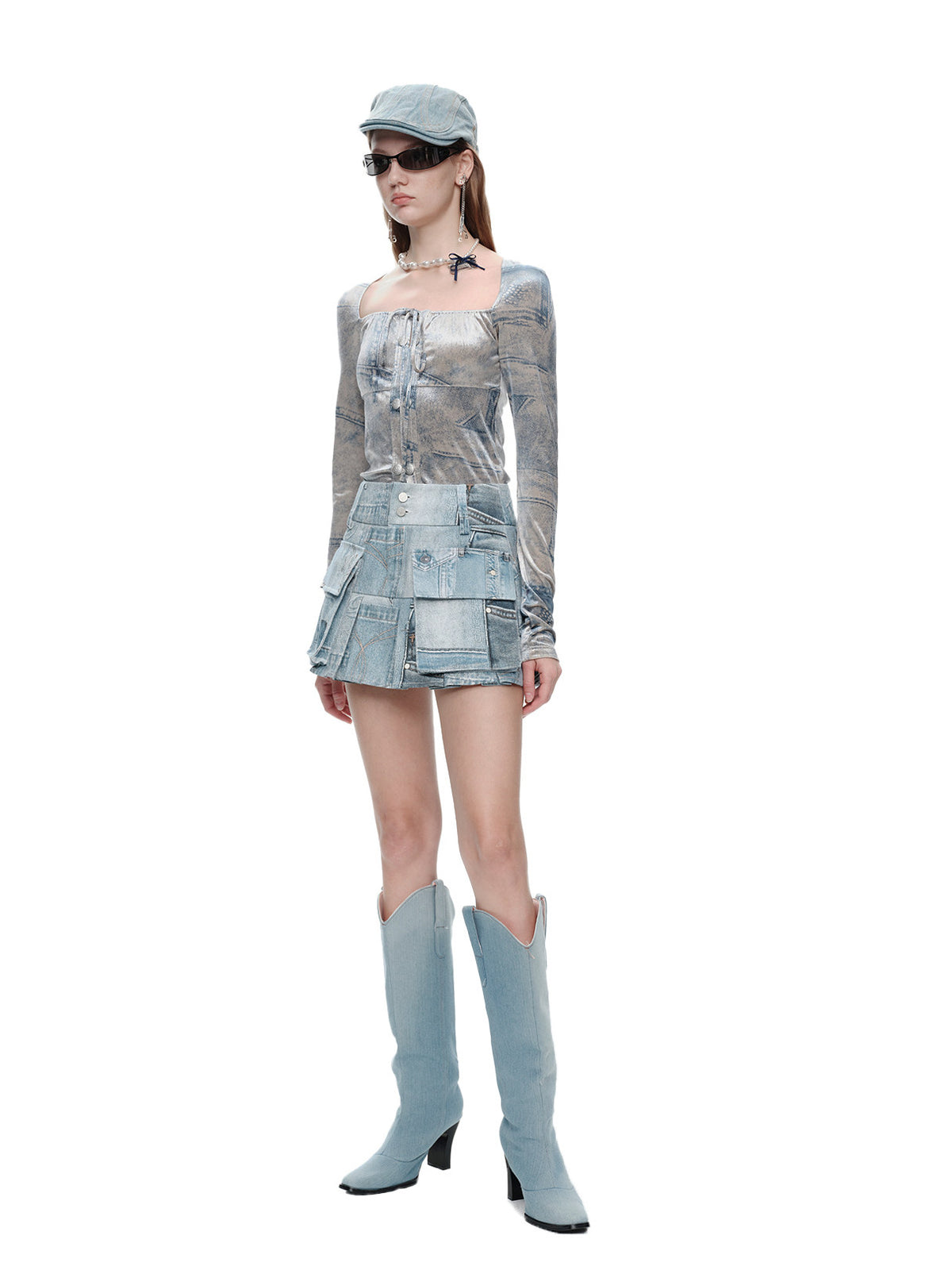 NEXT PASSPORT silver-gray faux-denim velvet top close styling