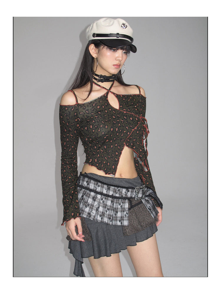 Three-quarter studio view of the leopard-print long-sleeve top