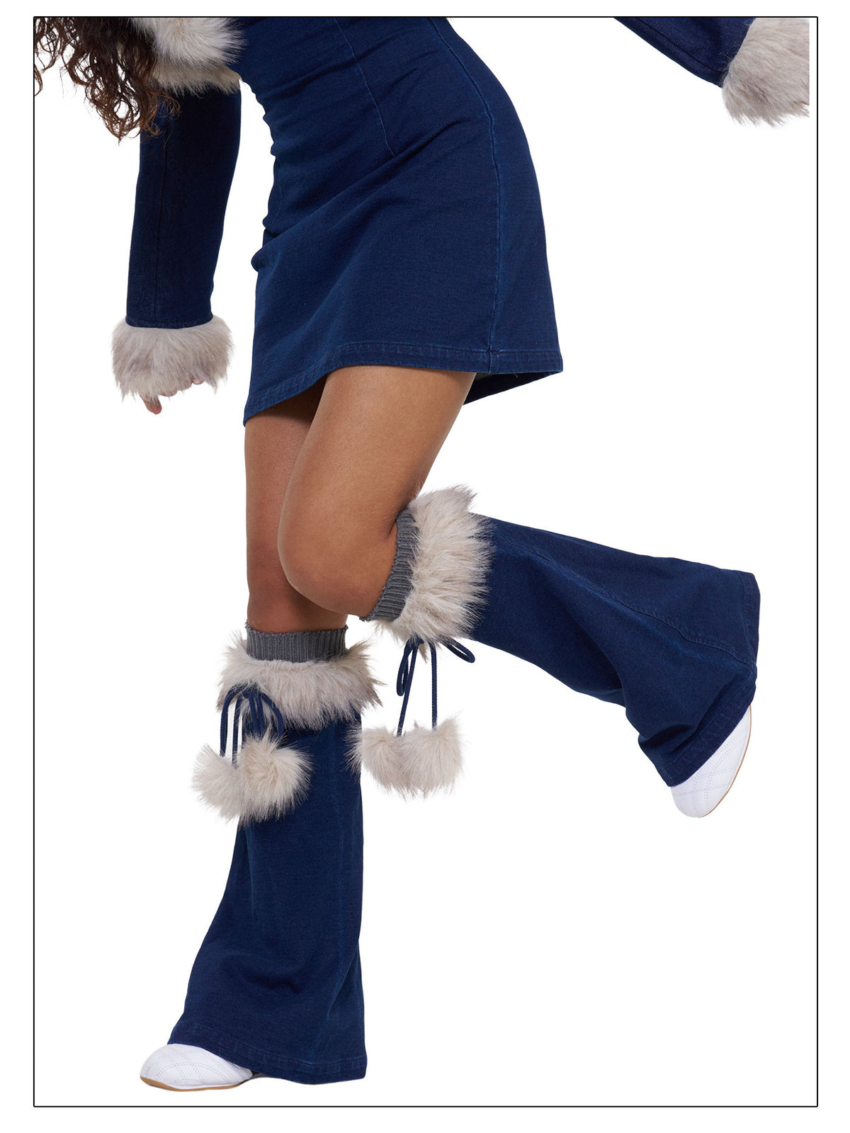 NEXT PASSPORT denim leg warmers leg-warmer close-up.