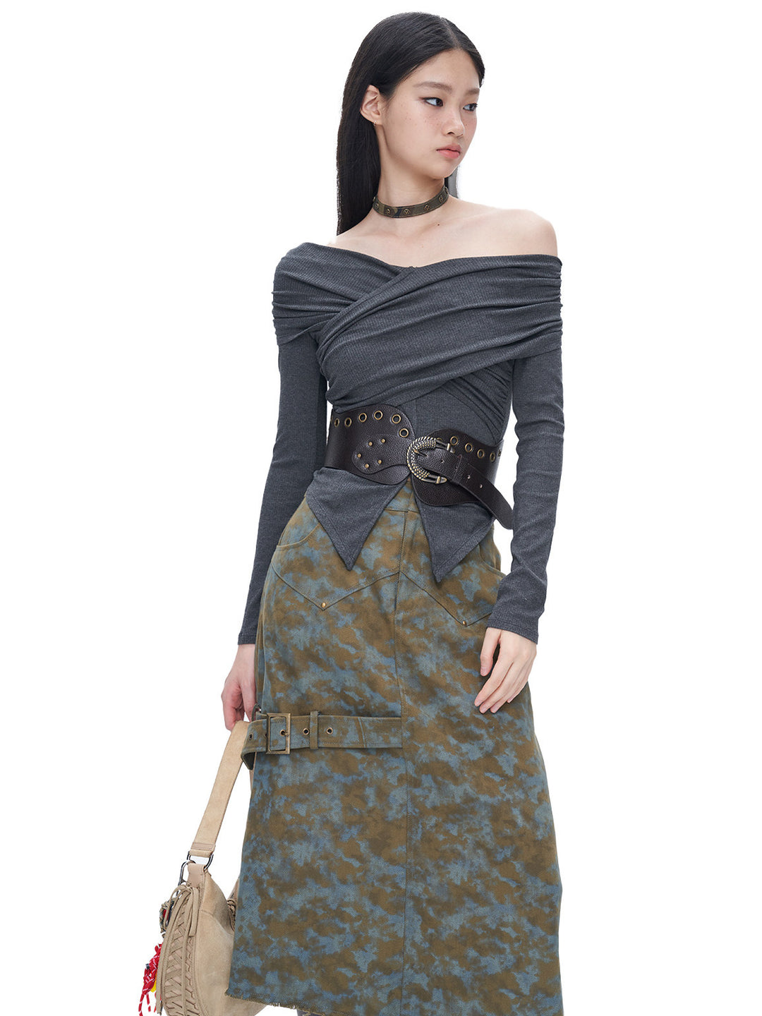 NEXT PASSPORT blue-brown tie-dye asymmetric denim midi skirt — front modeled view showing the mineral tie-dye finish.