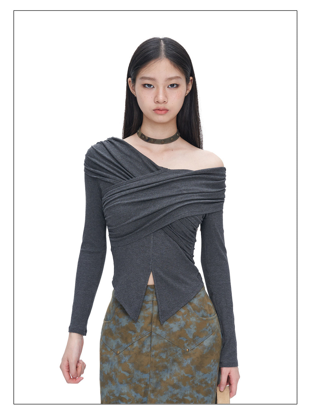 NEXT PASSPORT gray cross-pleated off-shoulder top — view 8