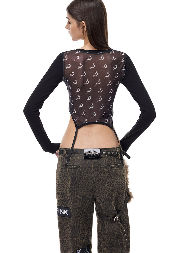 PINKSPINK ELECTRIC MOON reconstructed mesh tee — back three-quarter modeled view showing the printed mesh panel