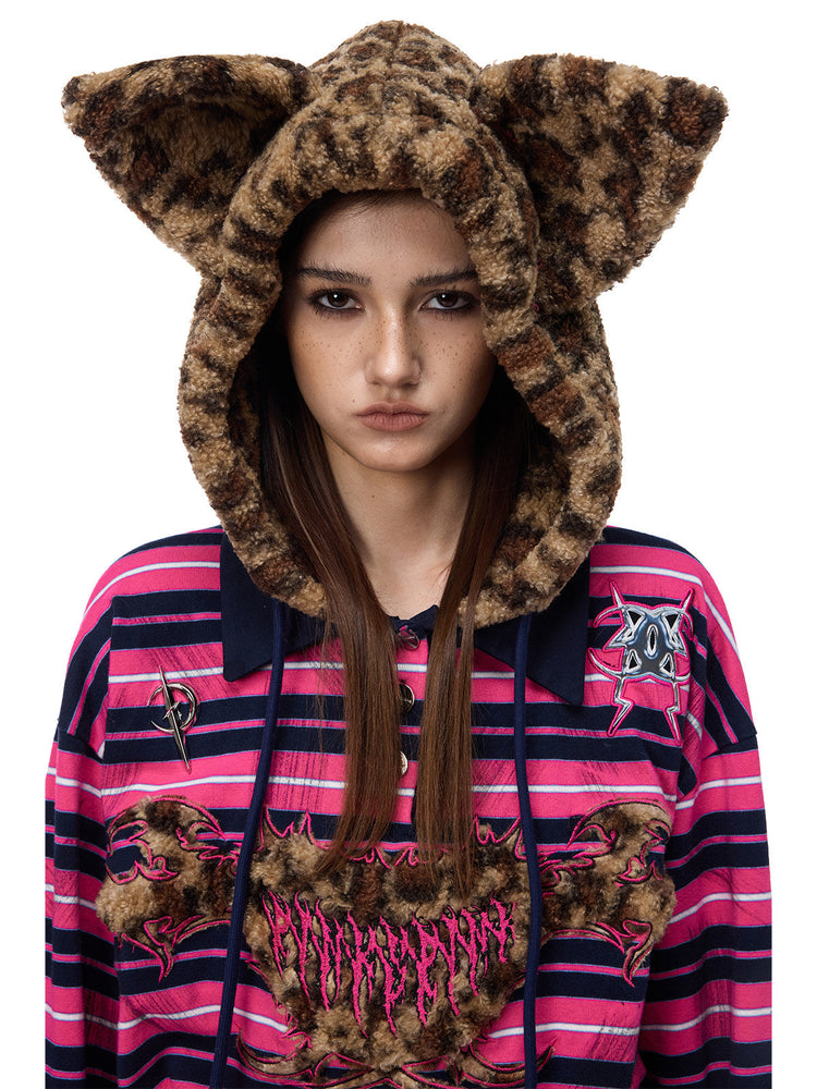 PINKSPINK CAT ALIEN leopard-ear striped hoodie — front portrait view showing the plush ears and hood