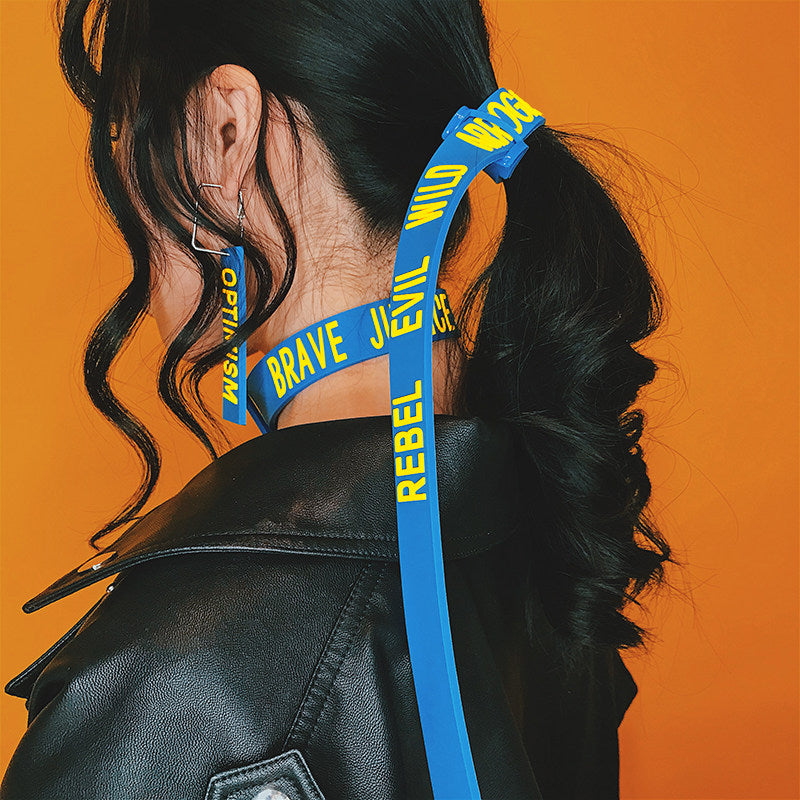 EOH-STUDIO BTBM blue silicone straps showing neck closure and alternative hair styling.