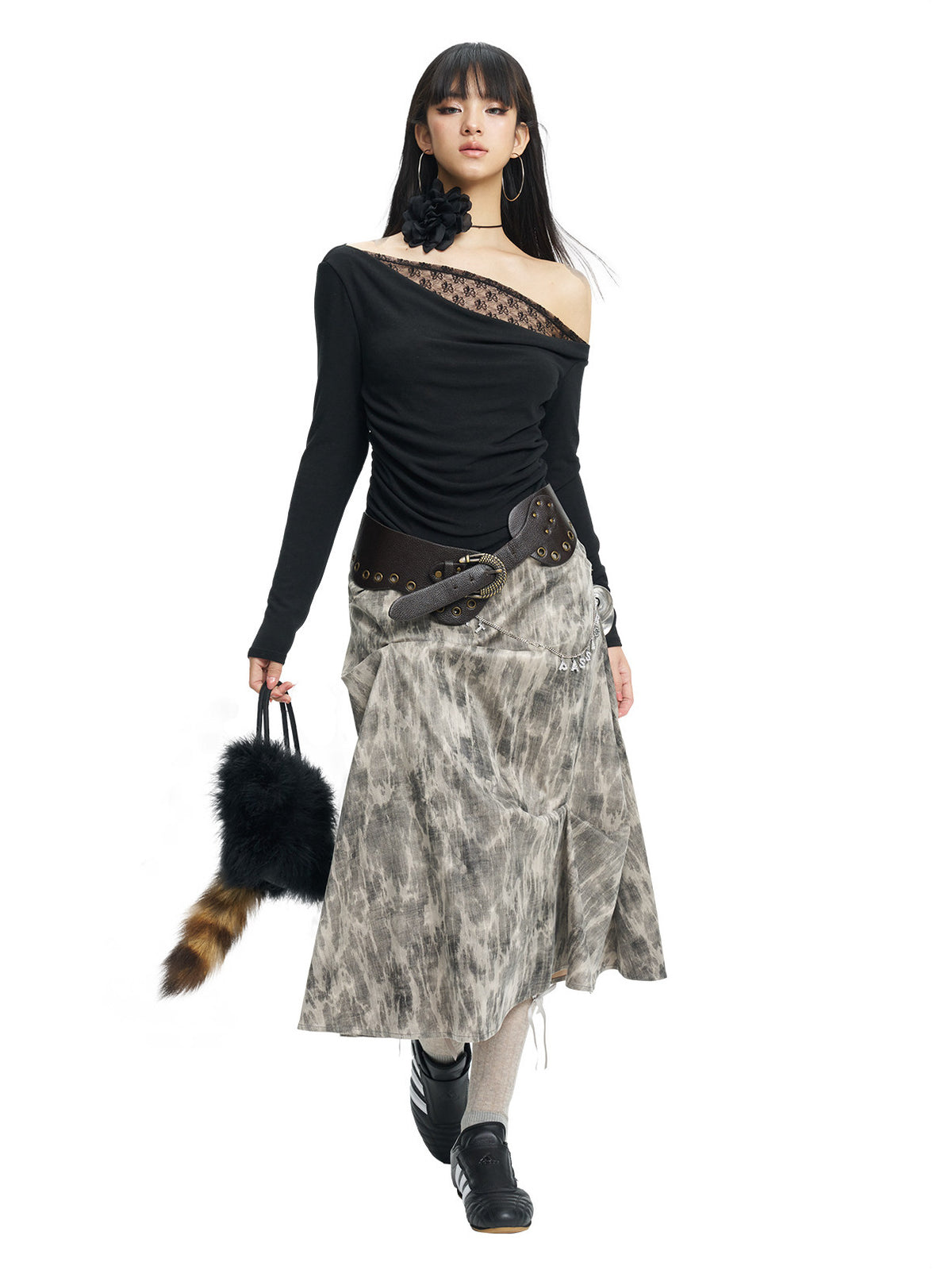 NEXT PASSPORT black lace-trim off-shoulder long-sleeve top — alternate full-length view on white.