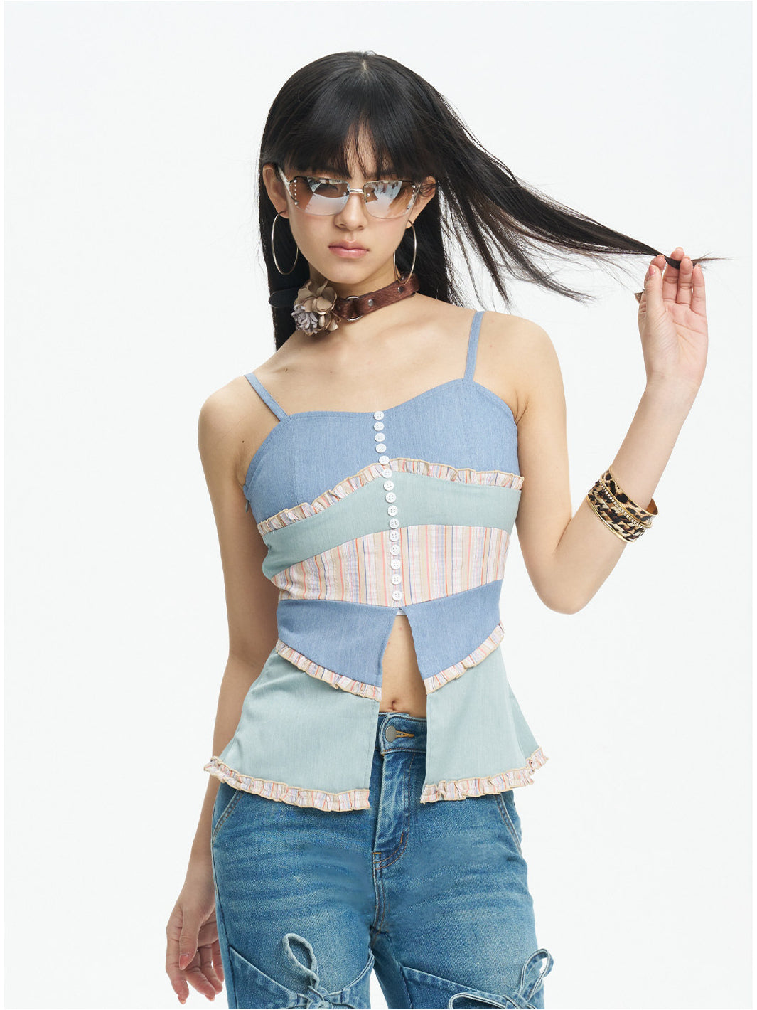 NEXT PASSPORT color-block button-front fishtail camisole blue waist-up view