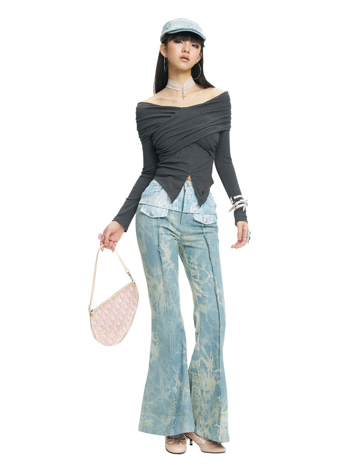 NEXT PASSPORT gray cross-pleated off-shoulder long-sleeve top alternate front view