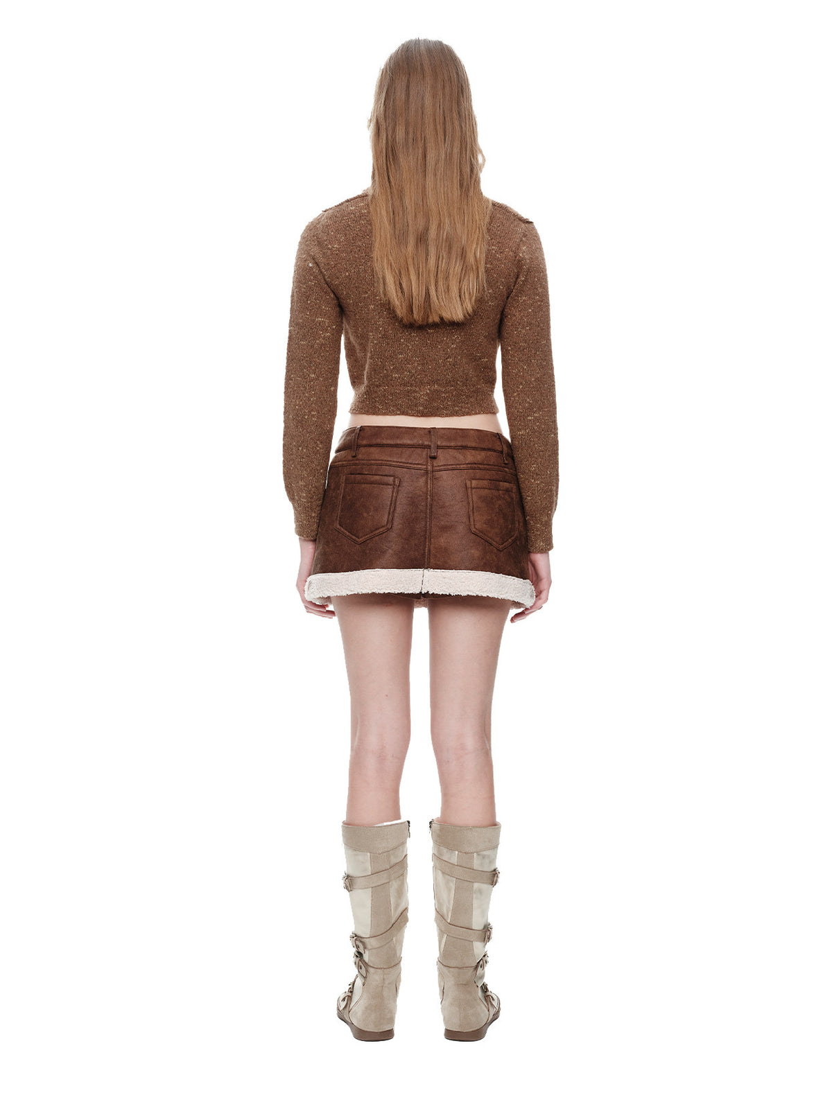 NEXT PASSPORT faux-shearling trim suede-effect mini skirt brown rear view