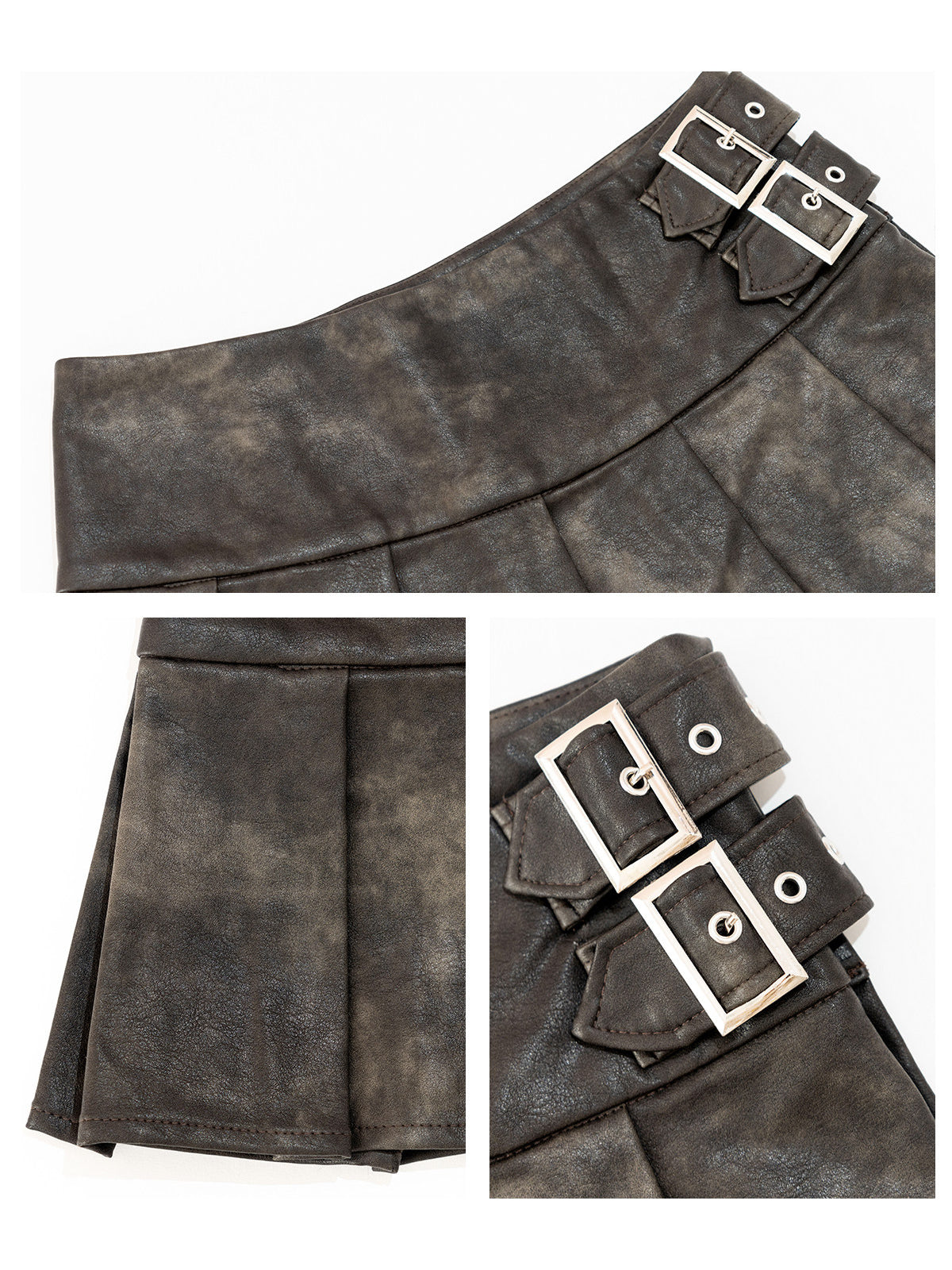 NEXT PASSPORT gray-brown double-belt pleated PU mini skirt, buckle and pleat details