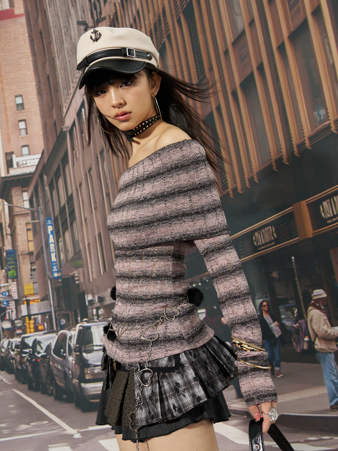 NEXT PASSPORT striped bardot side-slit fitted long-sleeve tee in PINK BLACK STRIPE, street side view