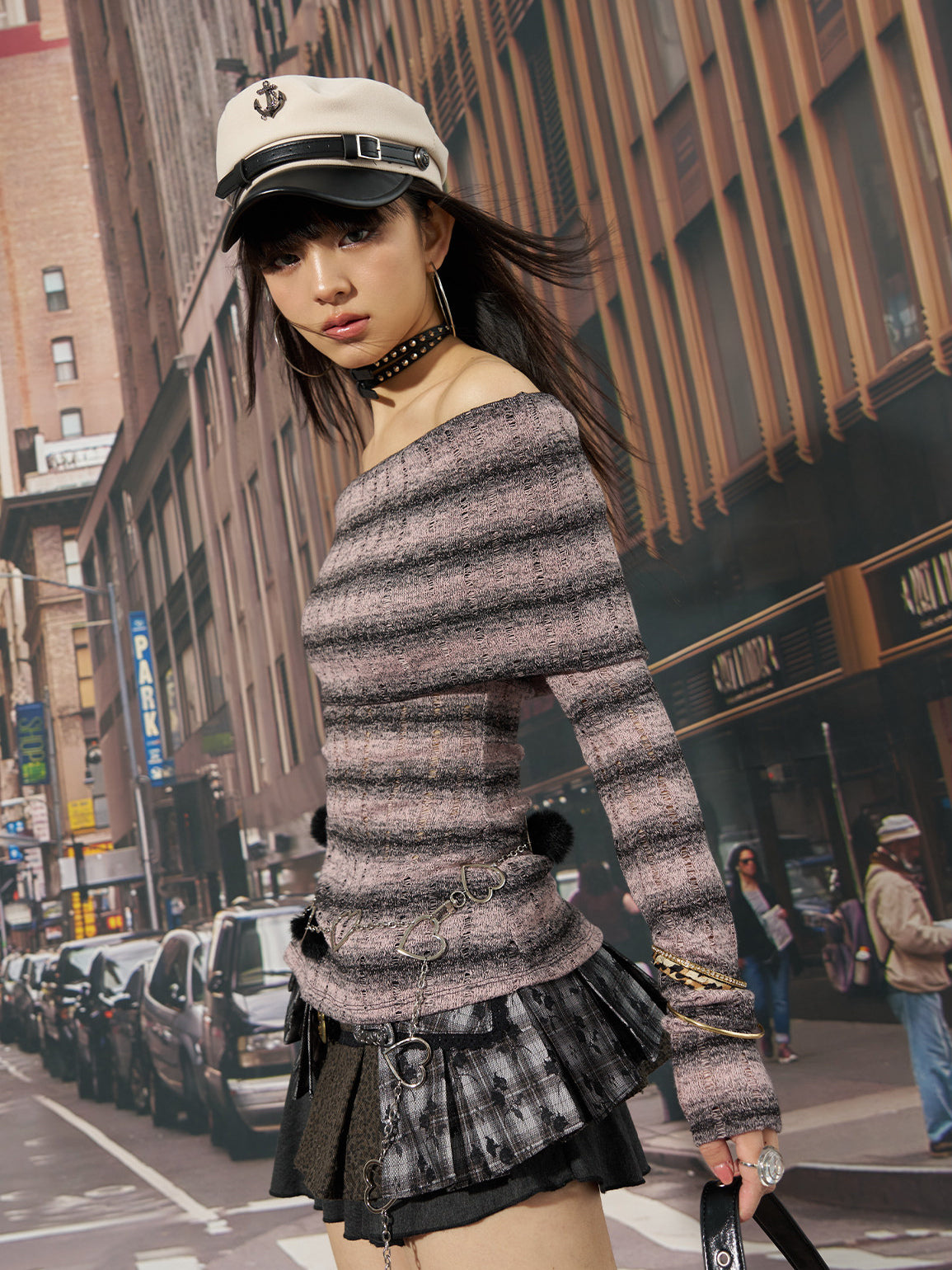 NEXT PASSPORT striped bardot side-slit fitted long-sleeve tee in PINK BLACK STRIPE, street side view
