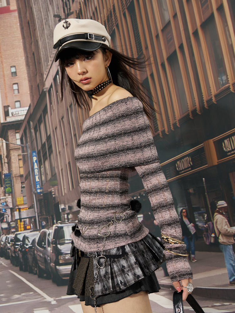 NEXT PASSPORT striped bardot side-slit fitted long-sleeve tee in PINK BLACK STRIPE, street side view