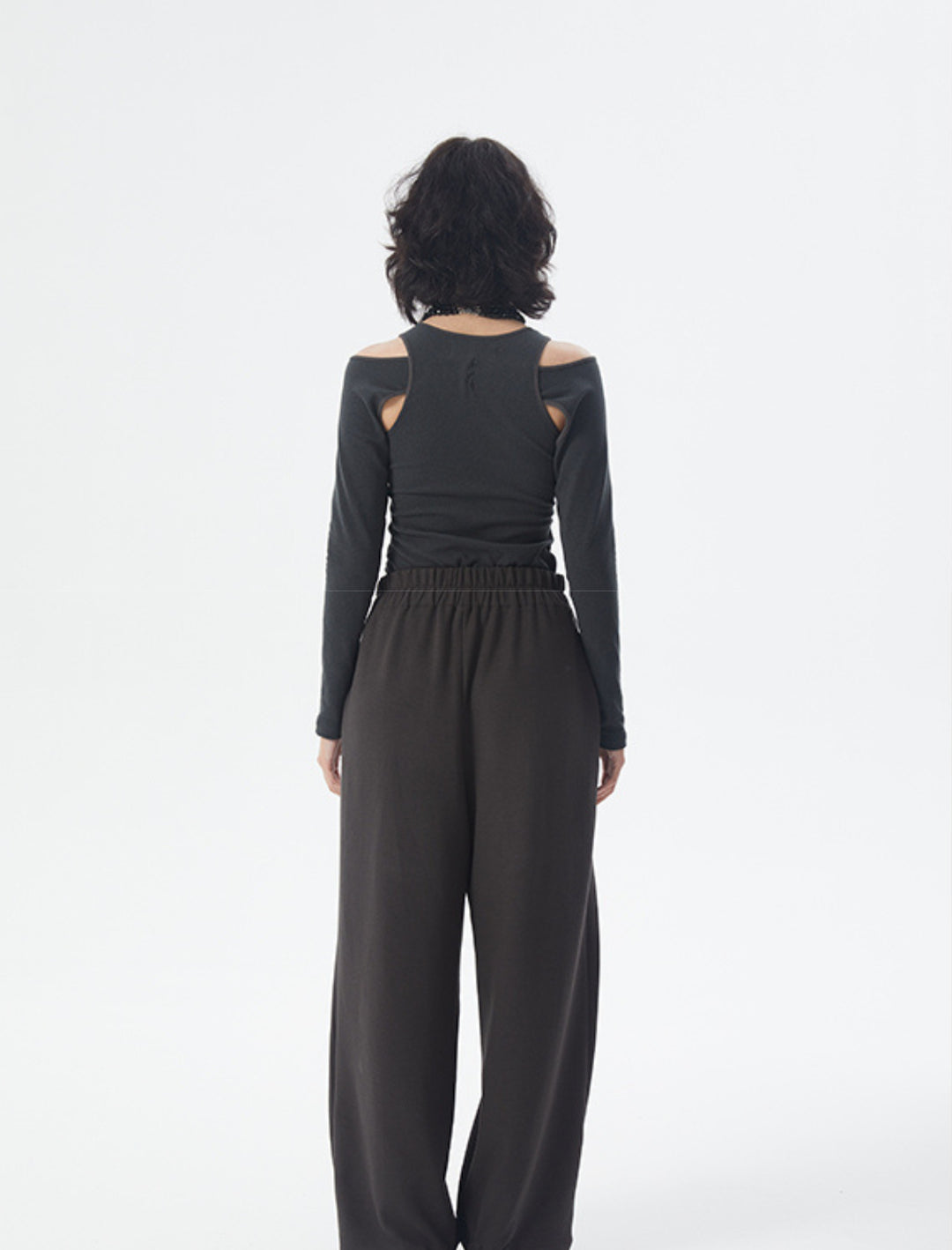 ERRORCODE ROBOT dark gray off-shoulder long-sleeve tee, full-length back view showing shoulder cutouts