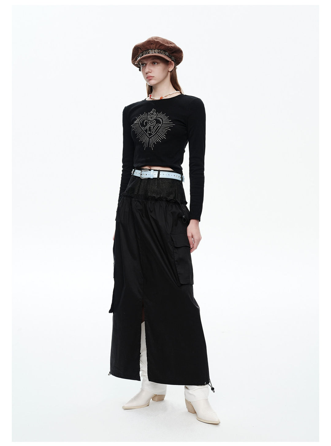 NEXT PASSPORT black faux-layered cargo maxi skirt side view