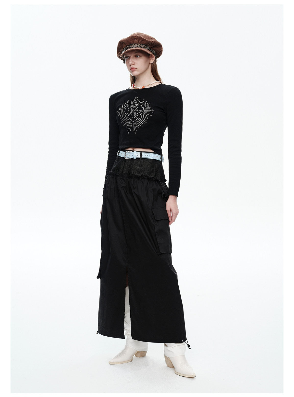 NEXT PASSPORT black faux-layered cargo maxi skirt side view