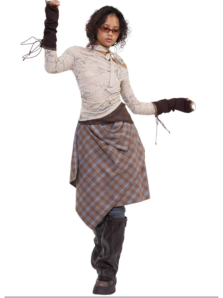 NEXT PASSPORT blue plaid wrap-panel midi skirt full look