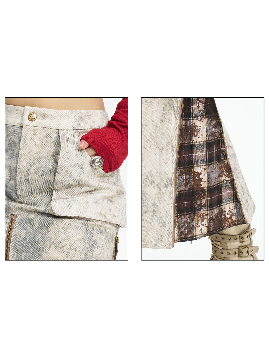 Close-up of the tie-dye cotton, pockets and plaid insert construction