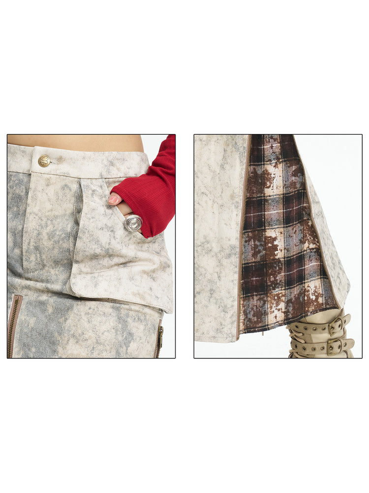 Close-up of the tie-dye cotton, pockets and plaid insert construction