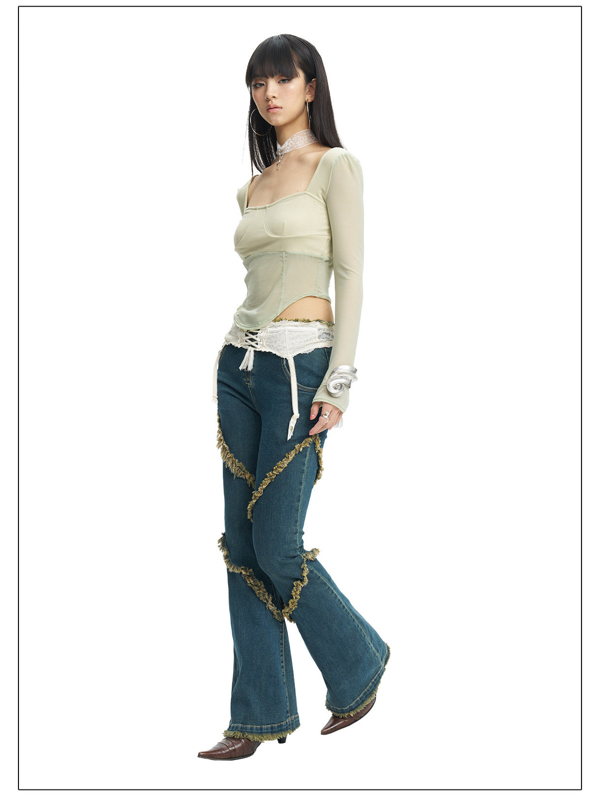 NEXT PASSPORT deep-blue frayed-hem slim flare jeans in denim blue — side walking modeled view.