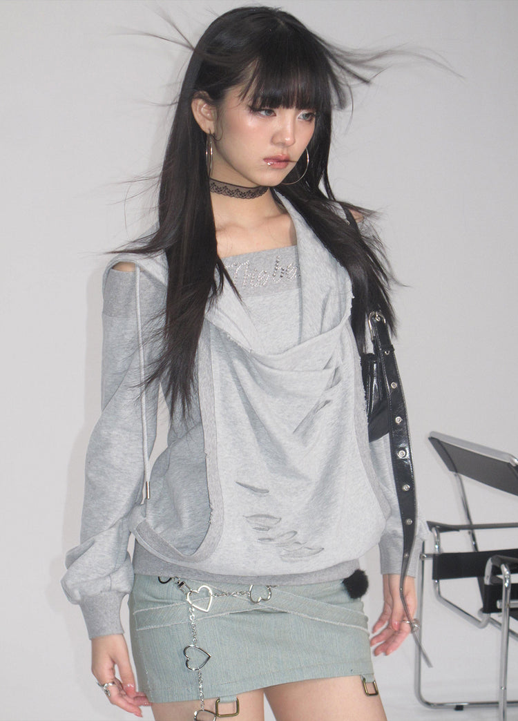 Alternate studio view of the gray layered hoodie
