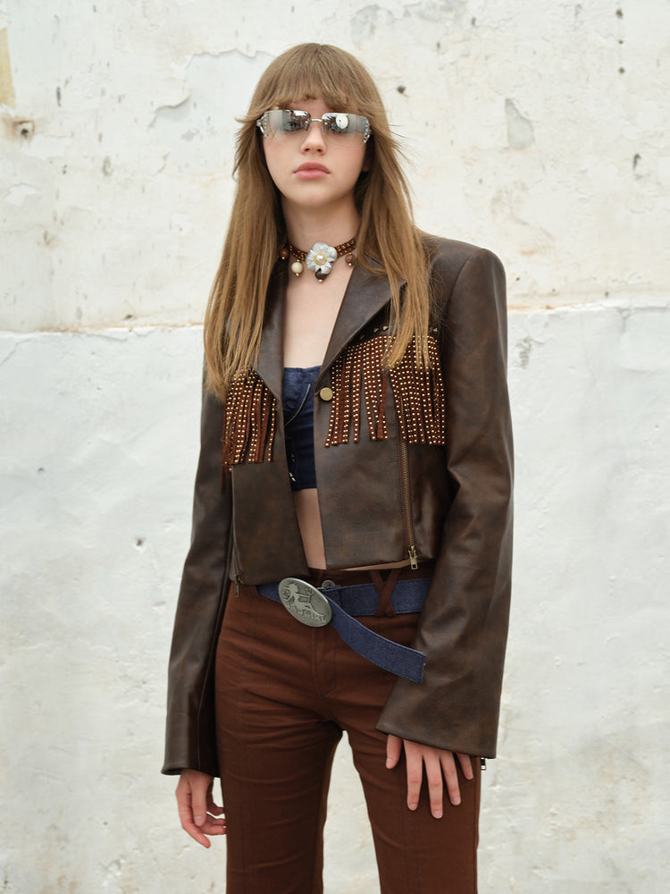 NEXT PASSPORT brown fringe-trim cropped blazer lapel detail