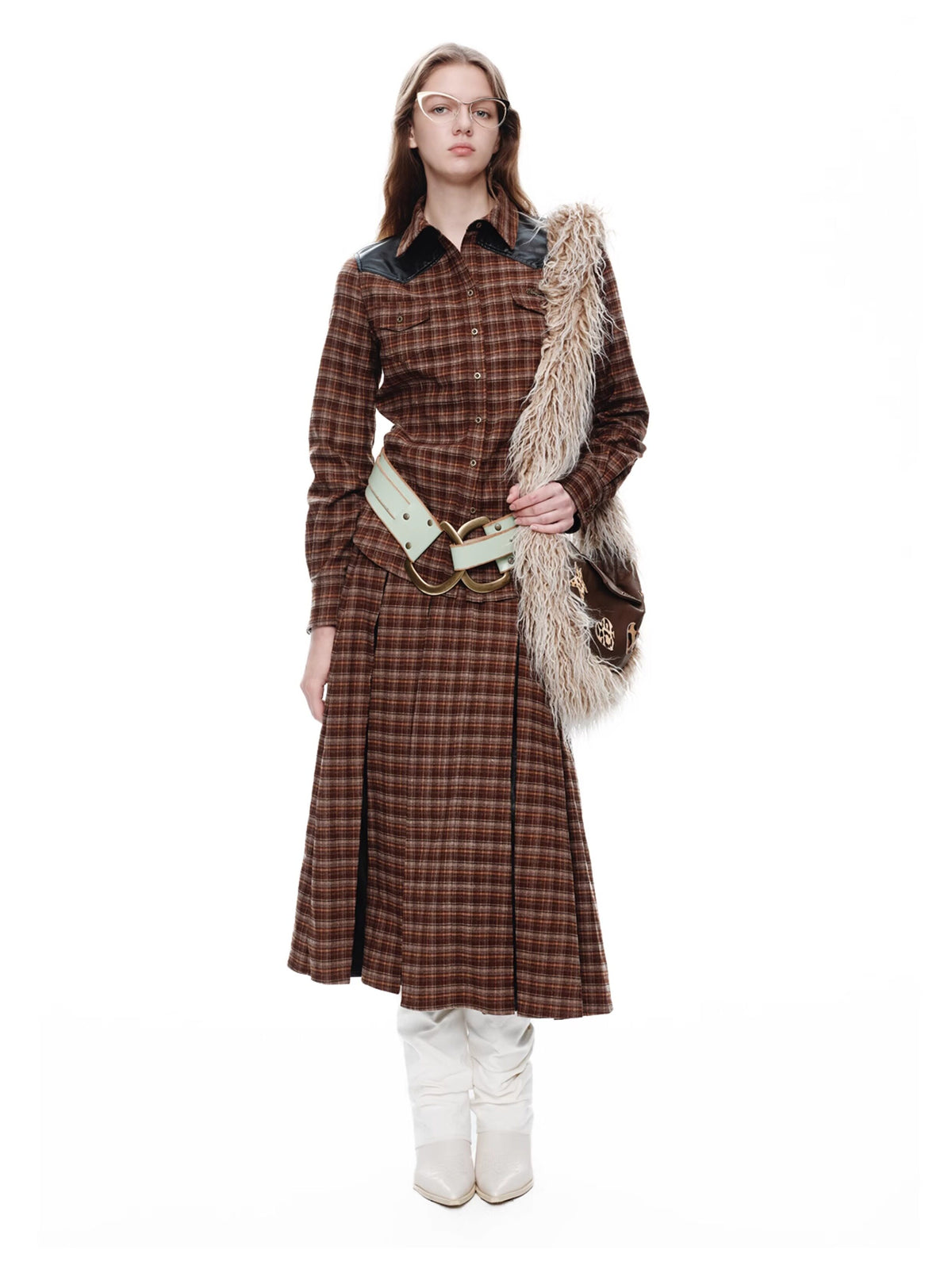 NEXT PASSPORT brown faux-leather plaid shirt — straight-on modeled front view