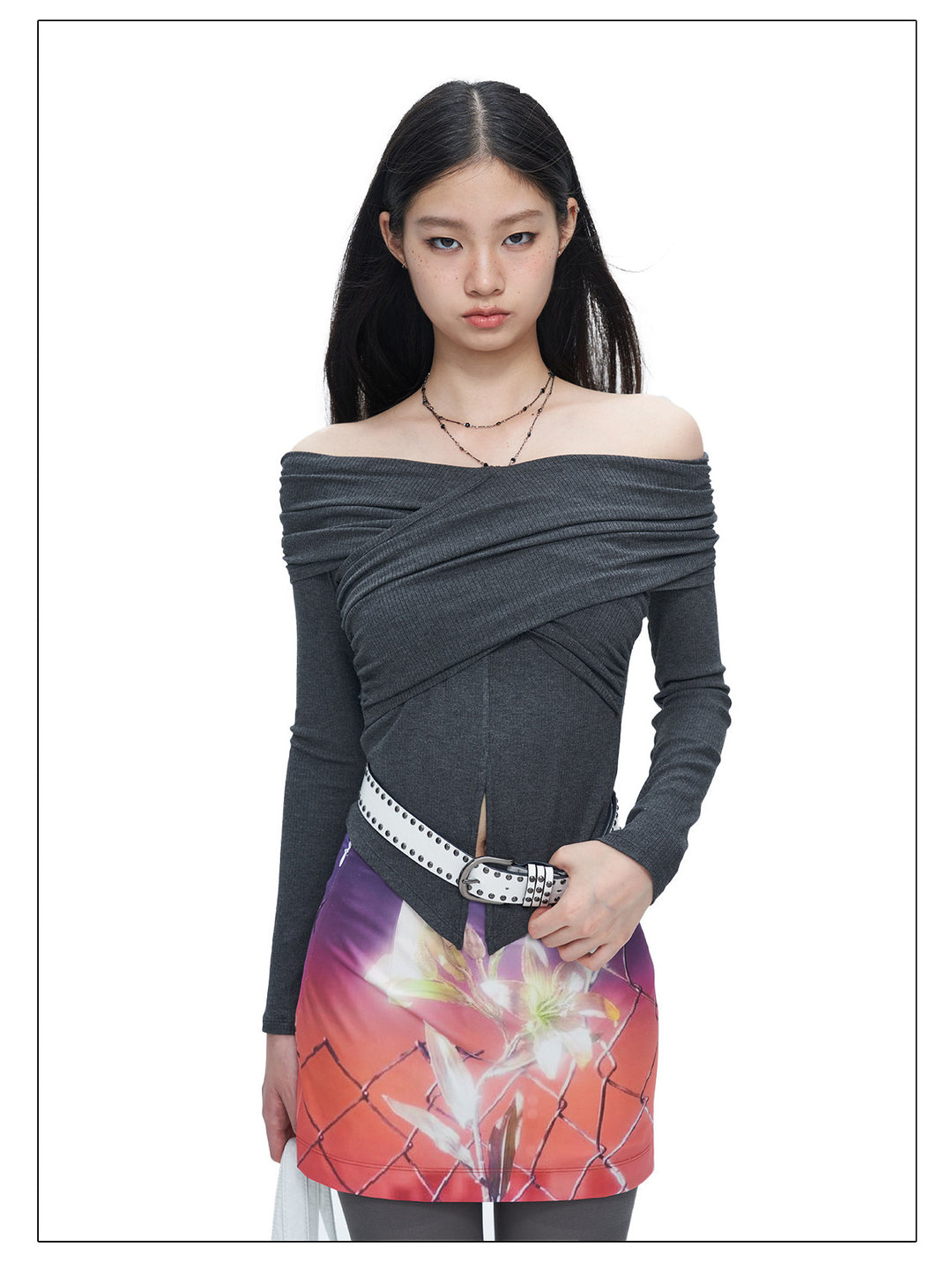 NEXT PASSPORT gray cross-pleated off-shoulder top — view 9