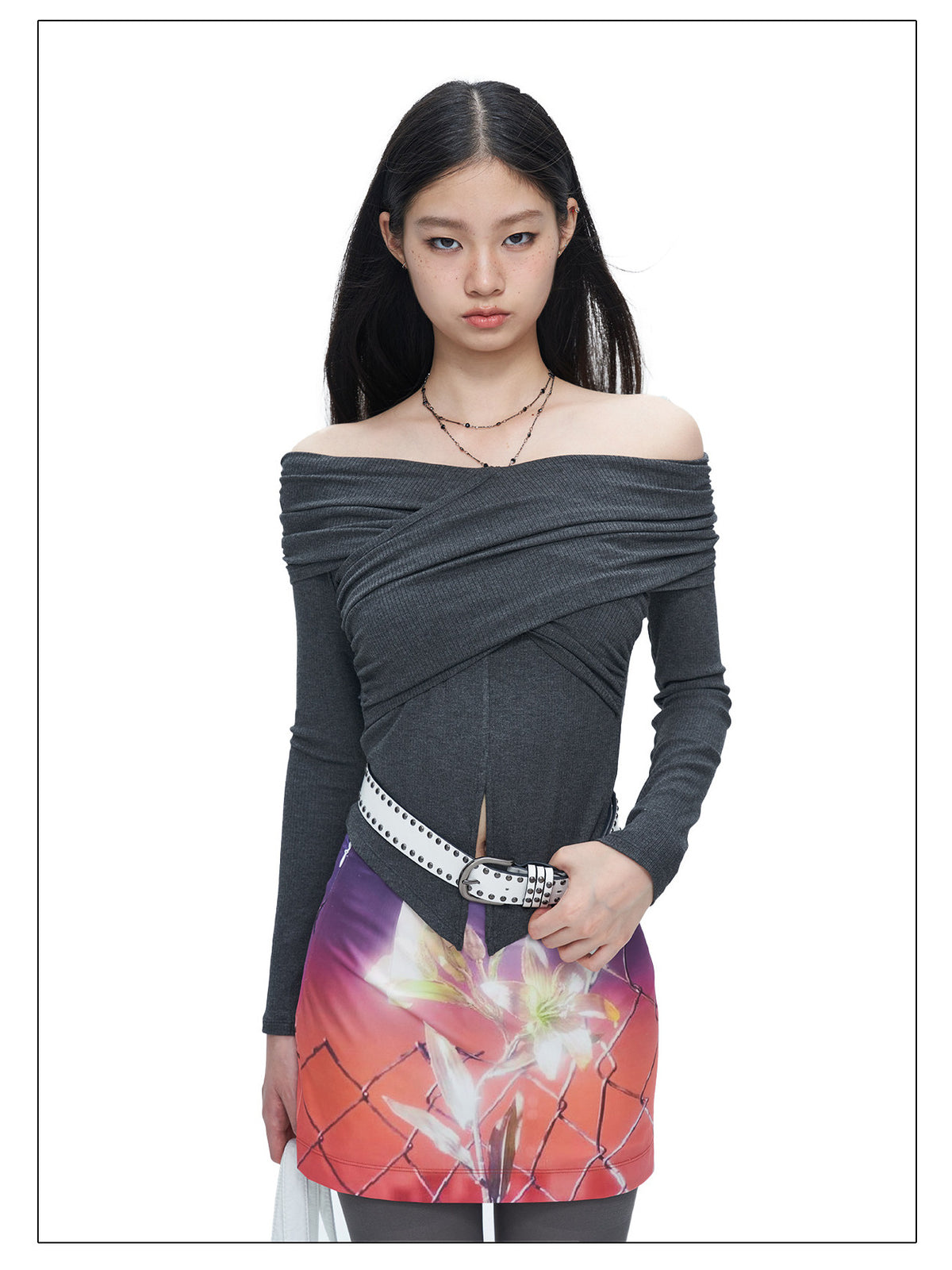NEXT PASSPORT gray cross-pleated off-shoulder top — view 9
