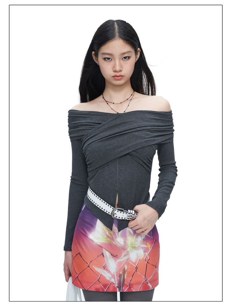 NEXT PASSPORT gray cross-pleated off-shoulder top — view 9