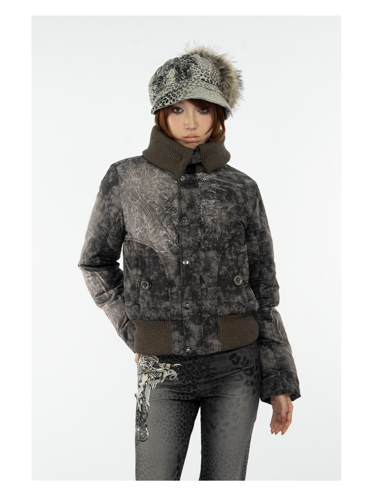 4RE1GN MYSTIC STAR knit-collar down jacket in gray multicolor — front modeled detail showing the collar and snap placket