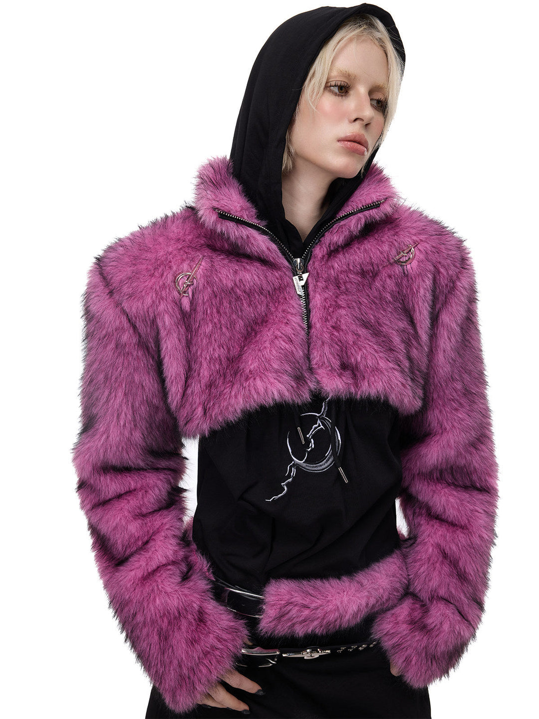 PINKSPINK ELECTRIC MOON gradient faux-fur cropped jacket — three-quarter modeled view with a black hood and hands at the waist