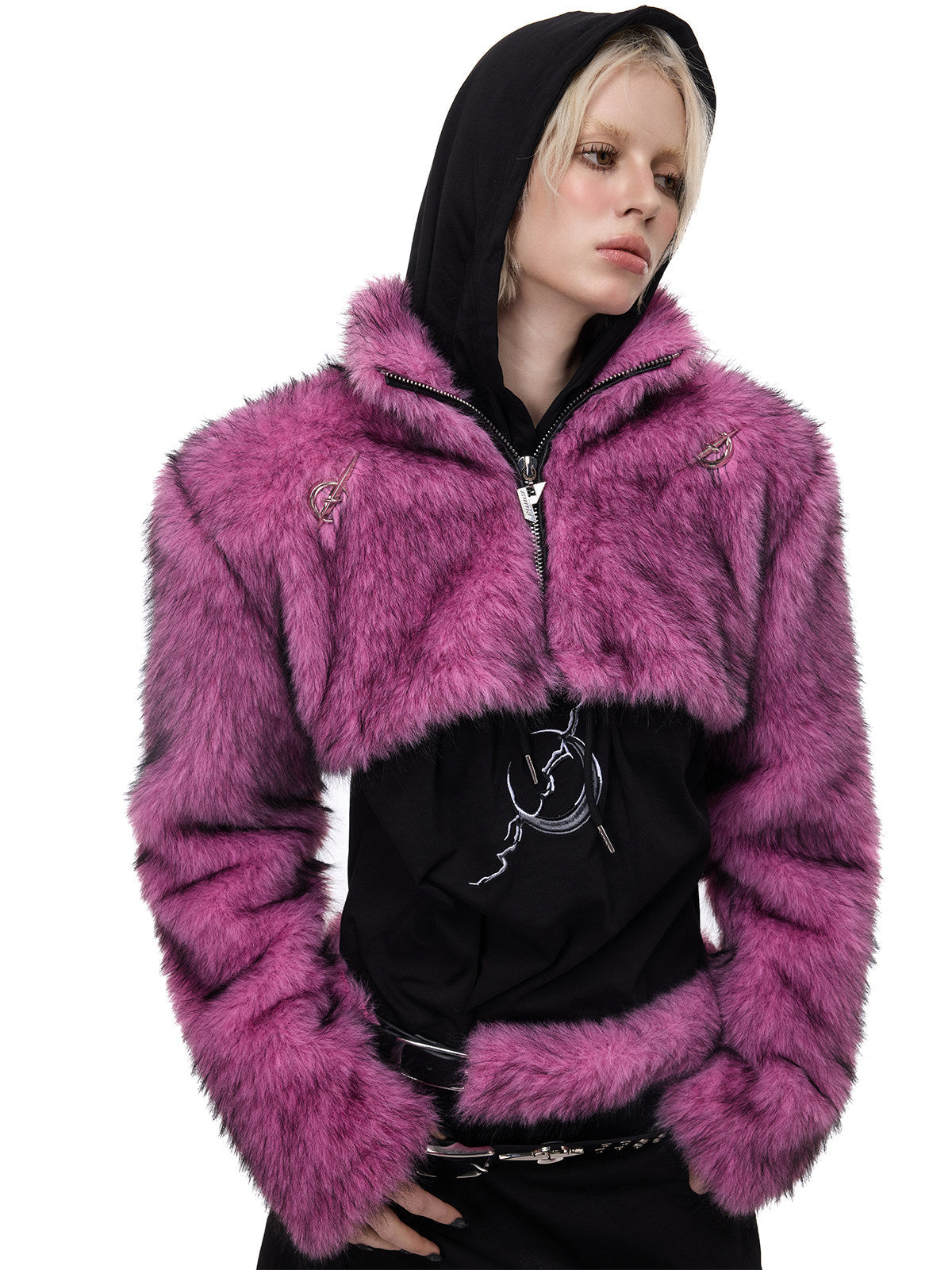 PINKSPINK ELECTRIC MOON gradient faux-fur cropped jacket — three-quarter modeled view with a black hood and hands at the waist